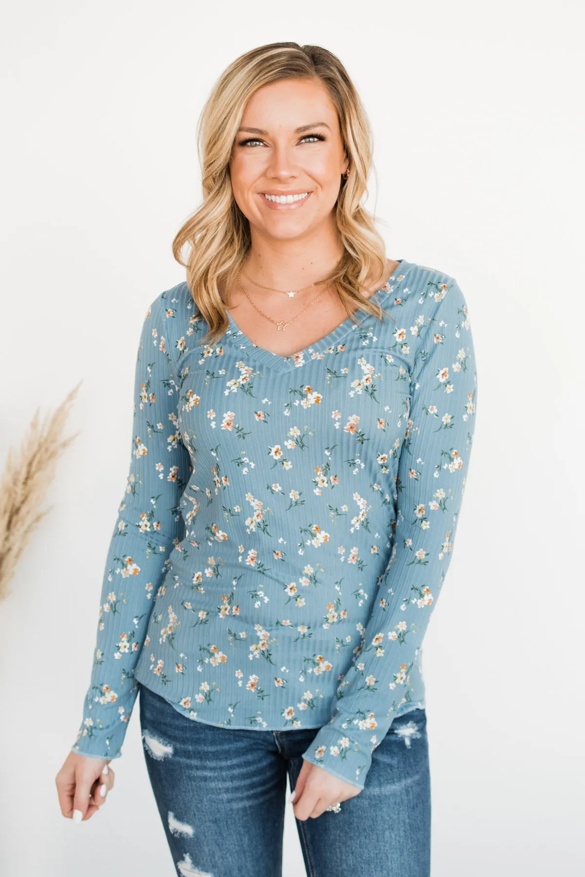 Sweet Aromas Floral Long Sleeve Top- Blue