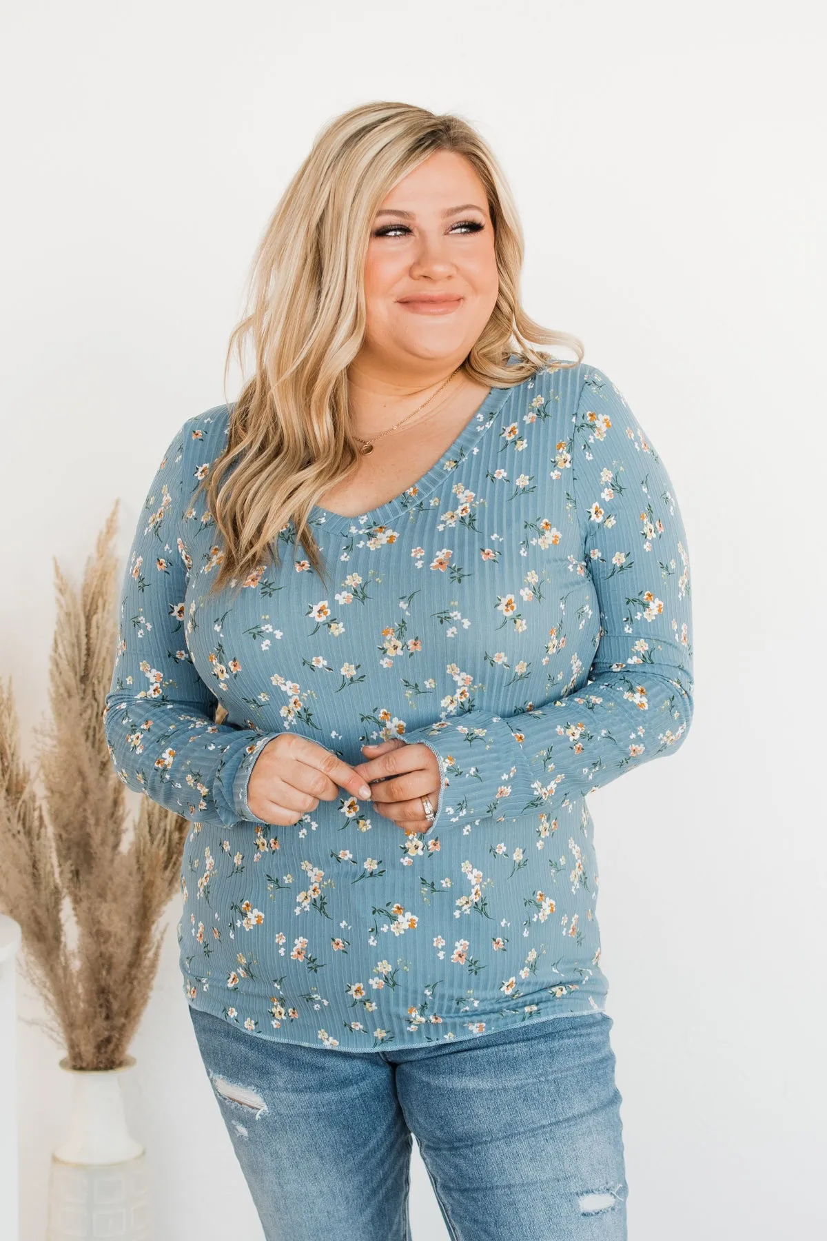 Sweet Aromas Floral Long Sleeve Top- Blue