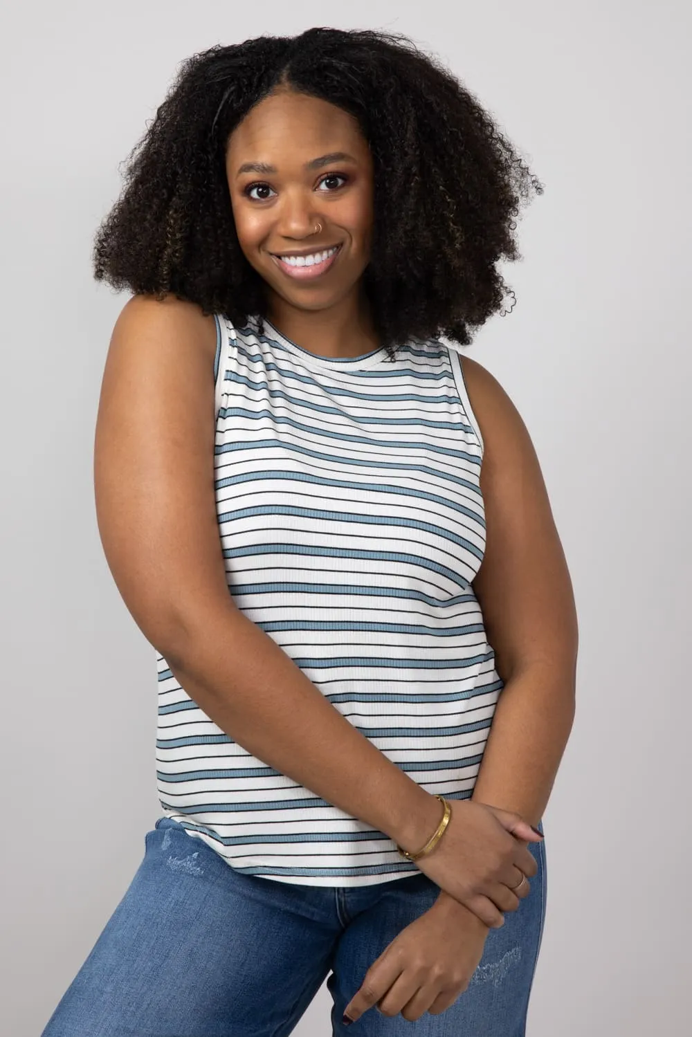 Thread & Supply Euclid Striped Tank Top for Women in White/Sky Blue | T1562RSTS-WHITESKYBLUE