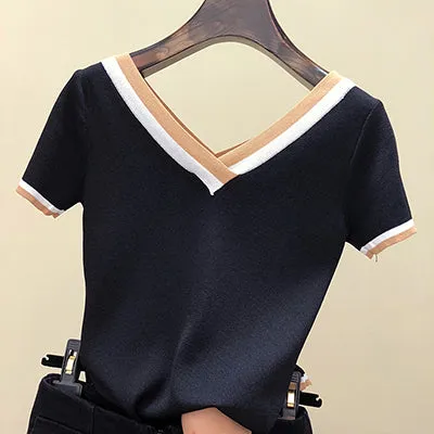 V-Neck T Shirt Women Tshirt Contrast Color Striped Knitted Summer Top