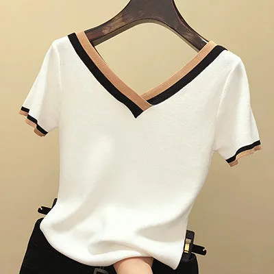 V-Neck T Shirt Women Tshirt Contrast Color Striped Knitted Summer Top