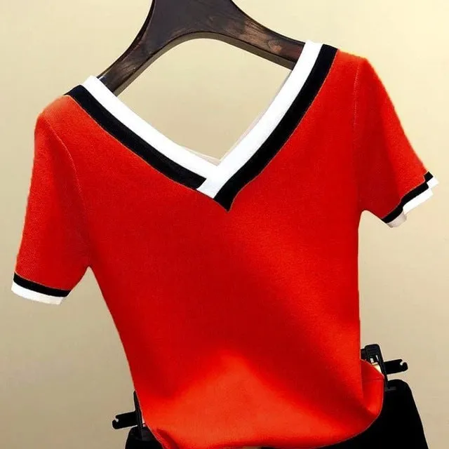 V-Neck T Shirt Women Tshirt Contrast Color Striped Knitted Summer Top