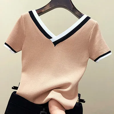 V-Neck T Shirt Women Tshirt Contrast Color Striped Knitted Summer Top