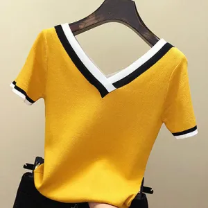 V-Neck T Shirt Women Tshirt Contrast Color Striped Knitted Summer Top