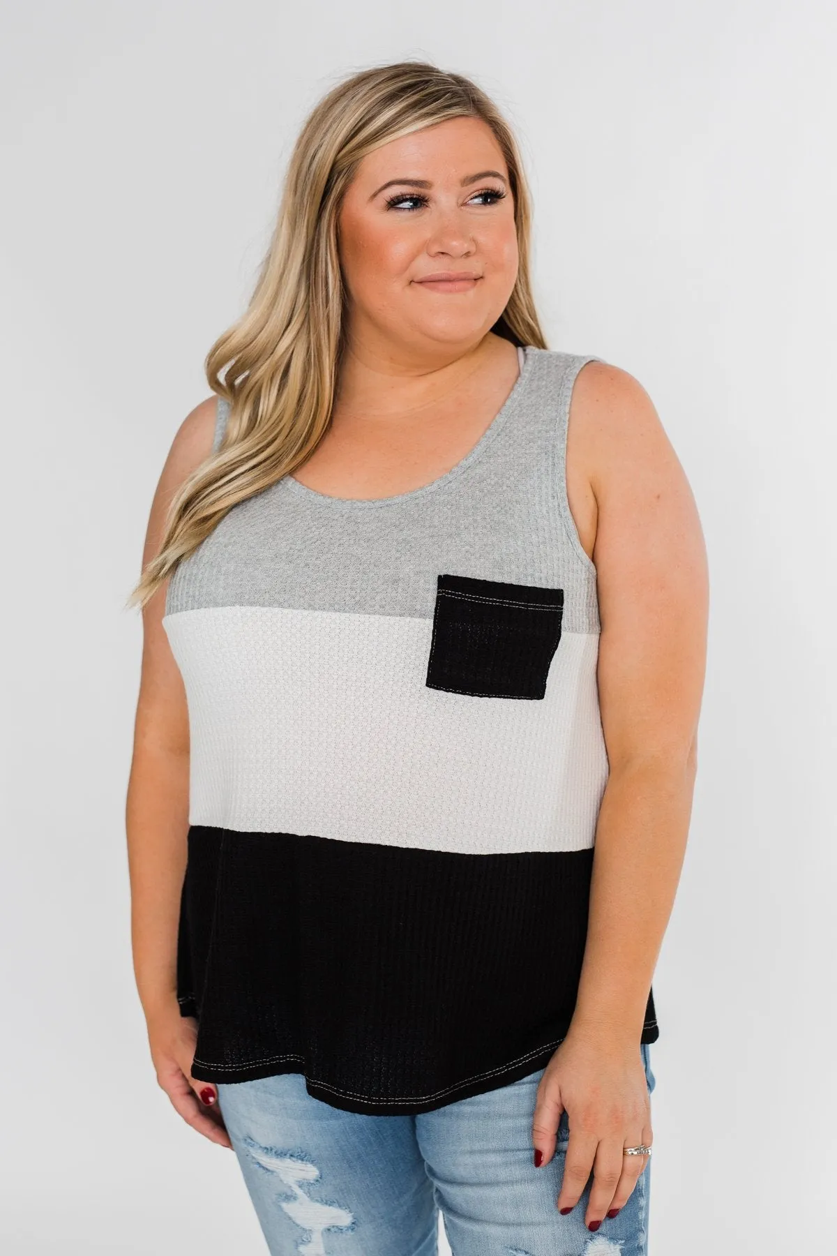 Waffle Knit Color Block Tank Top- Black, Grey, and White