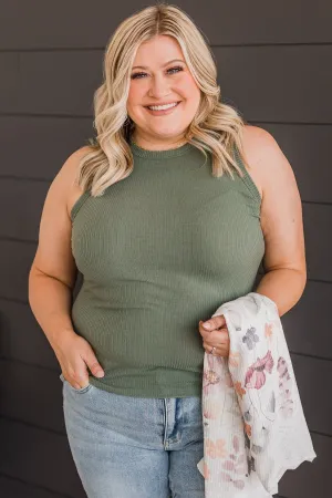 Where To Now Ribbed Knit Tank Top- Olive