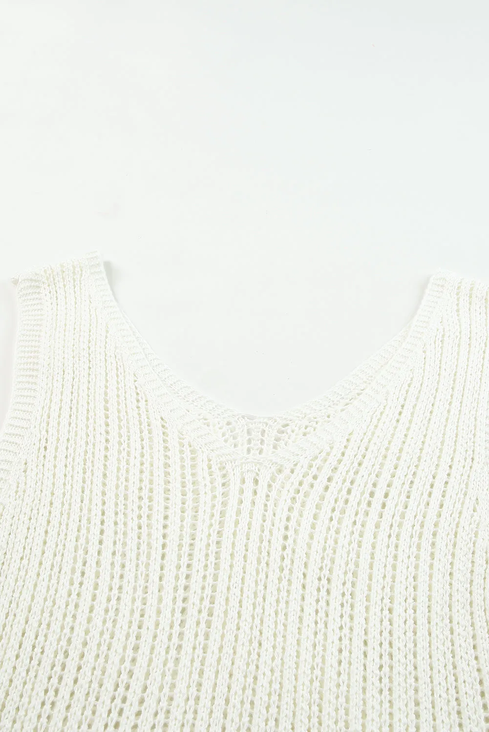 White Hollowed Knit V Neck Tank Top