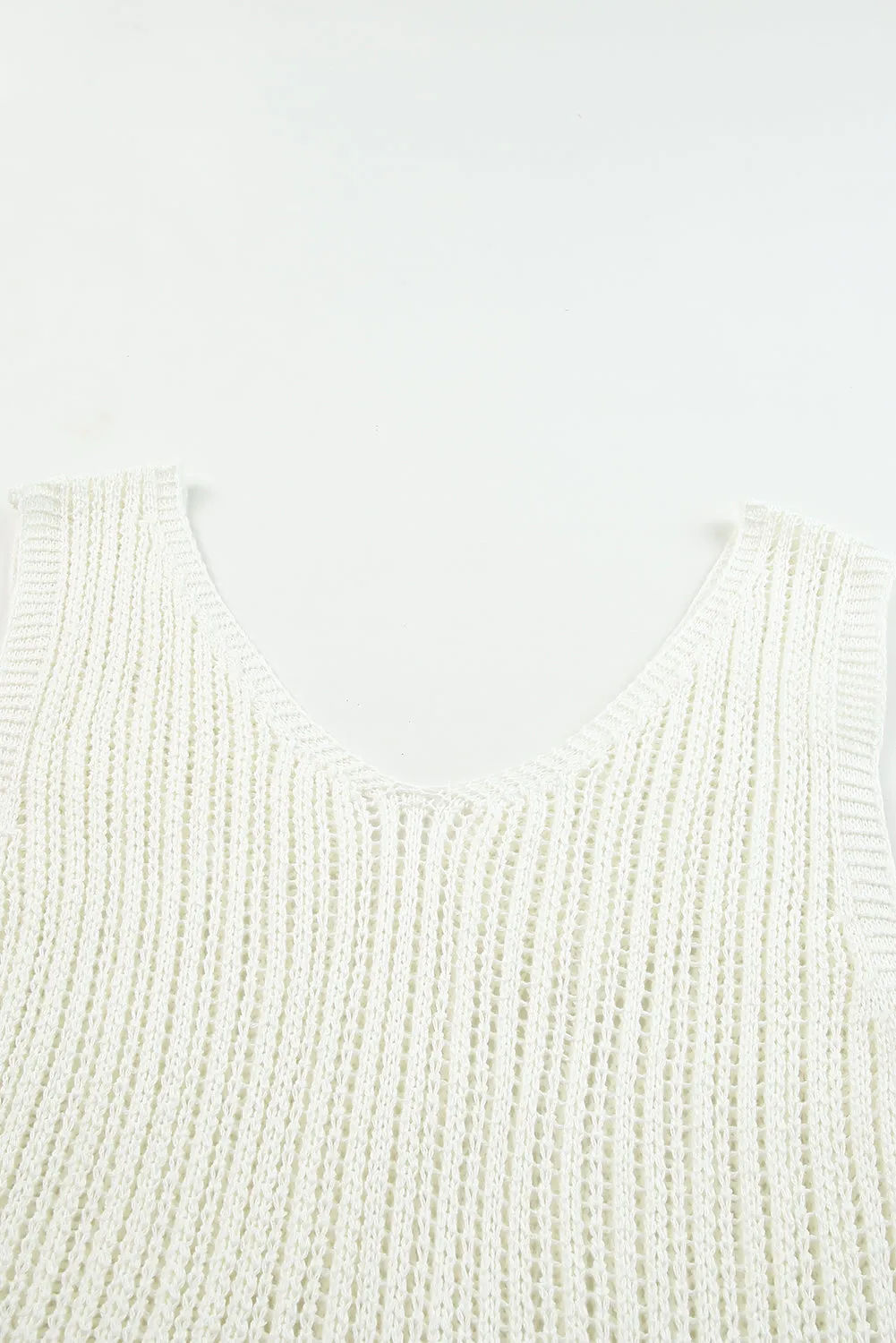White Hollowed Knit V Neck Tank Top