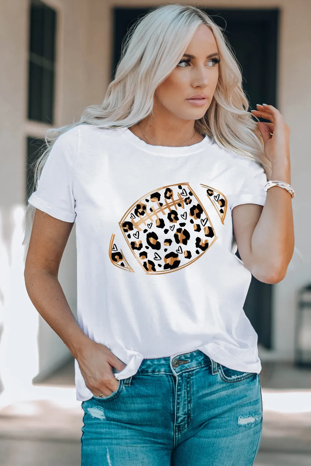 White Leopard Heart Shape Rugby Print Short Sleeve T Shirt