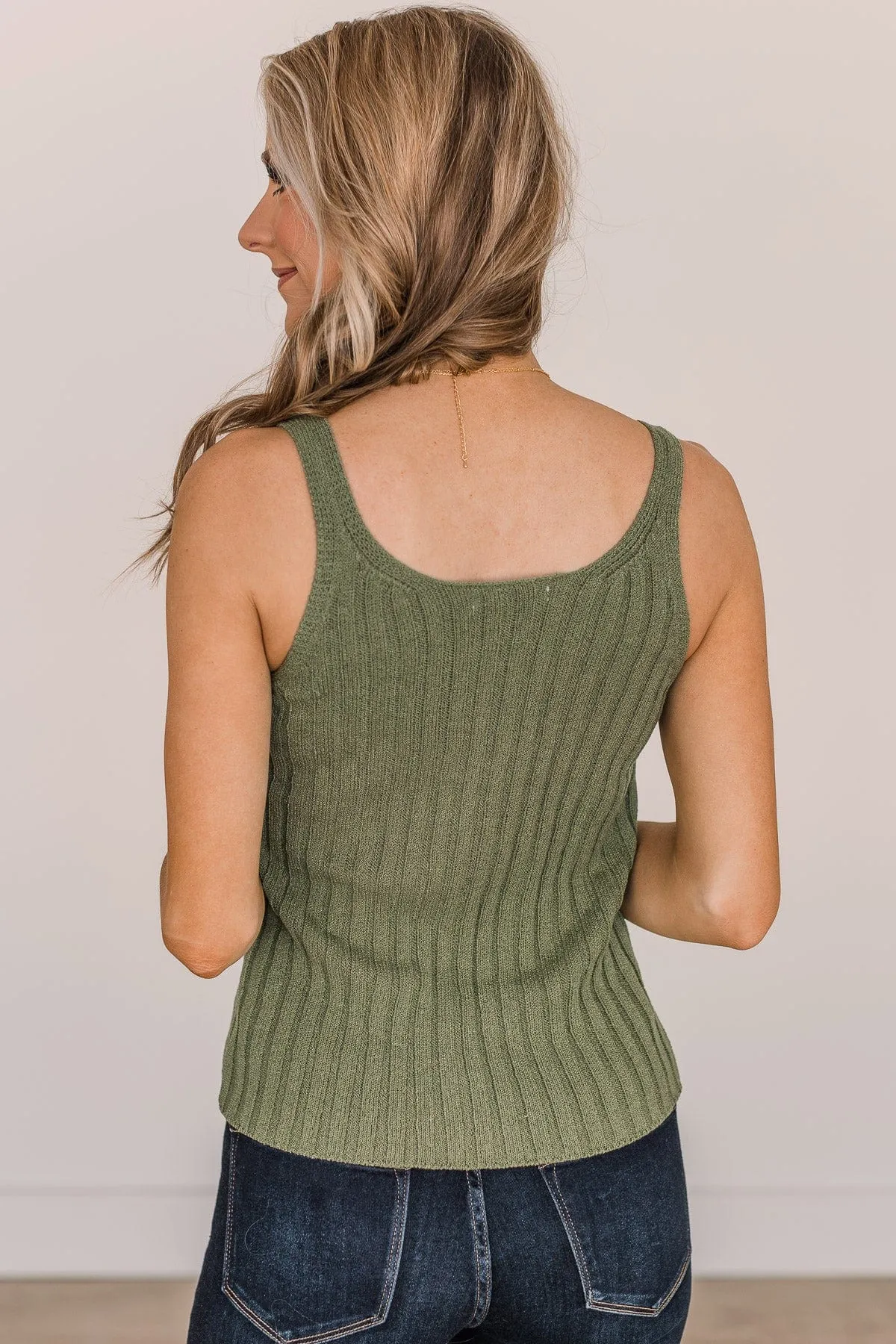 Win Me Over Knit Button Tank Top- Olive