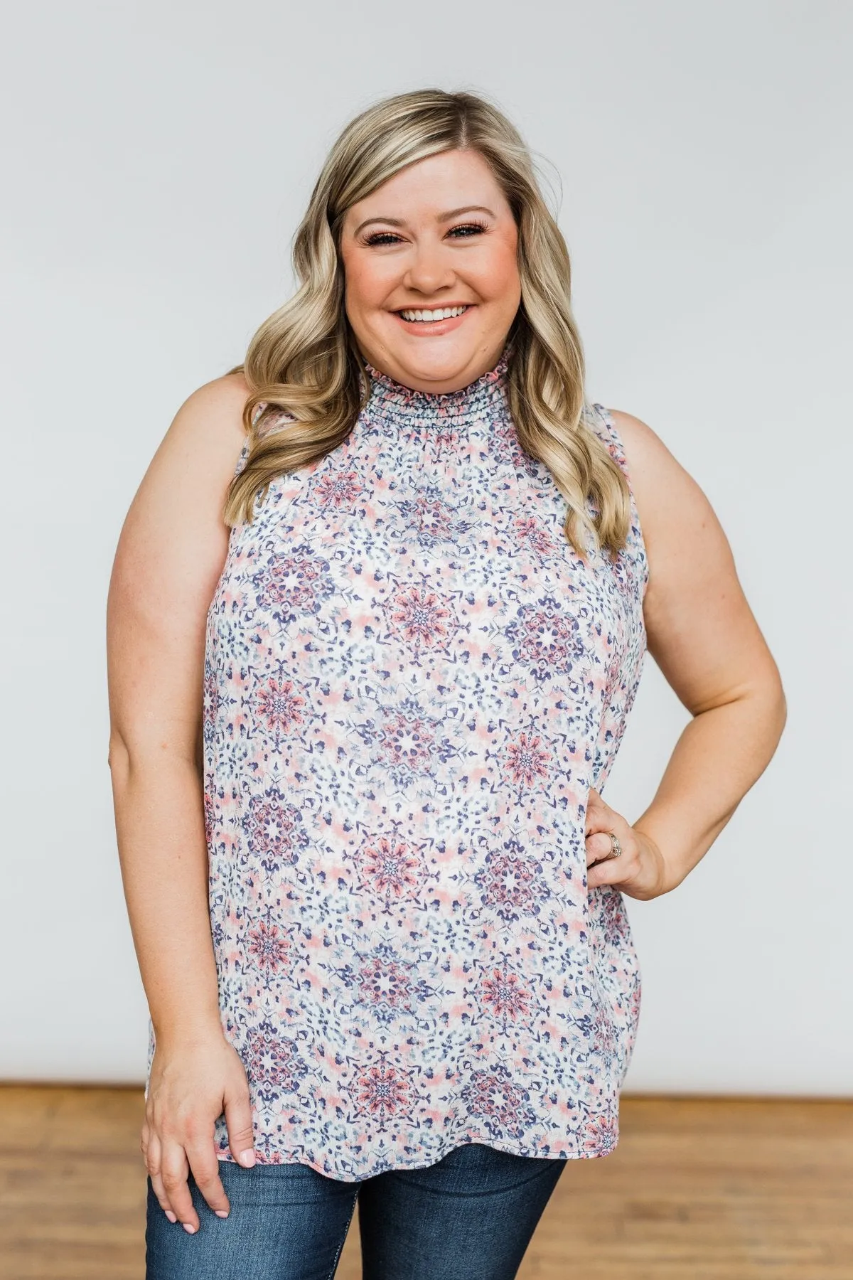 With A Smile Geo Print Tank Top- Mauve & Blue