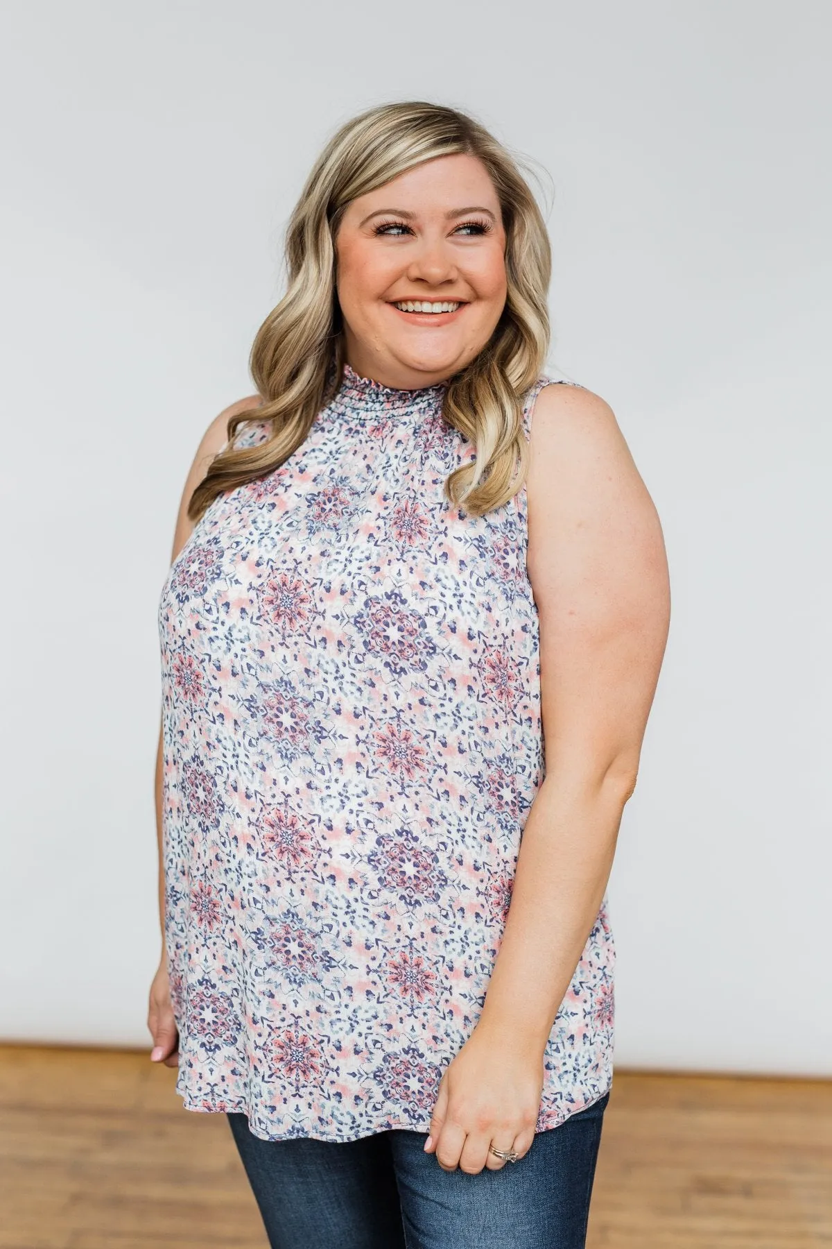 With A Smile Geo Print Tank Top- Mauve & Blue