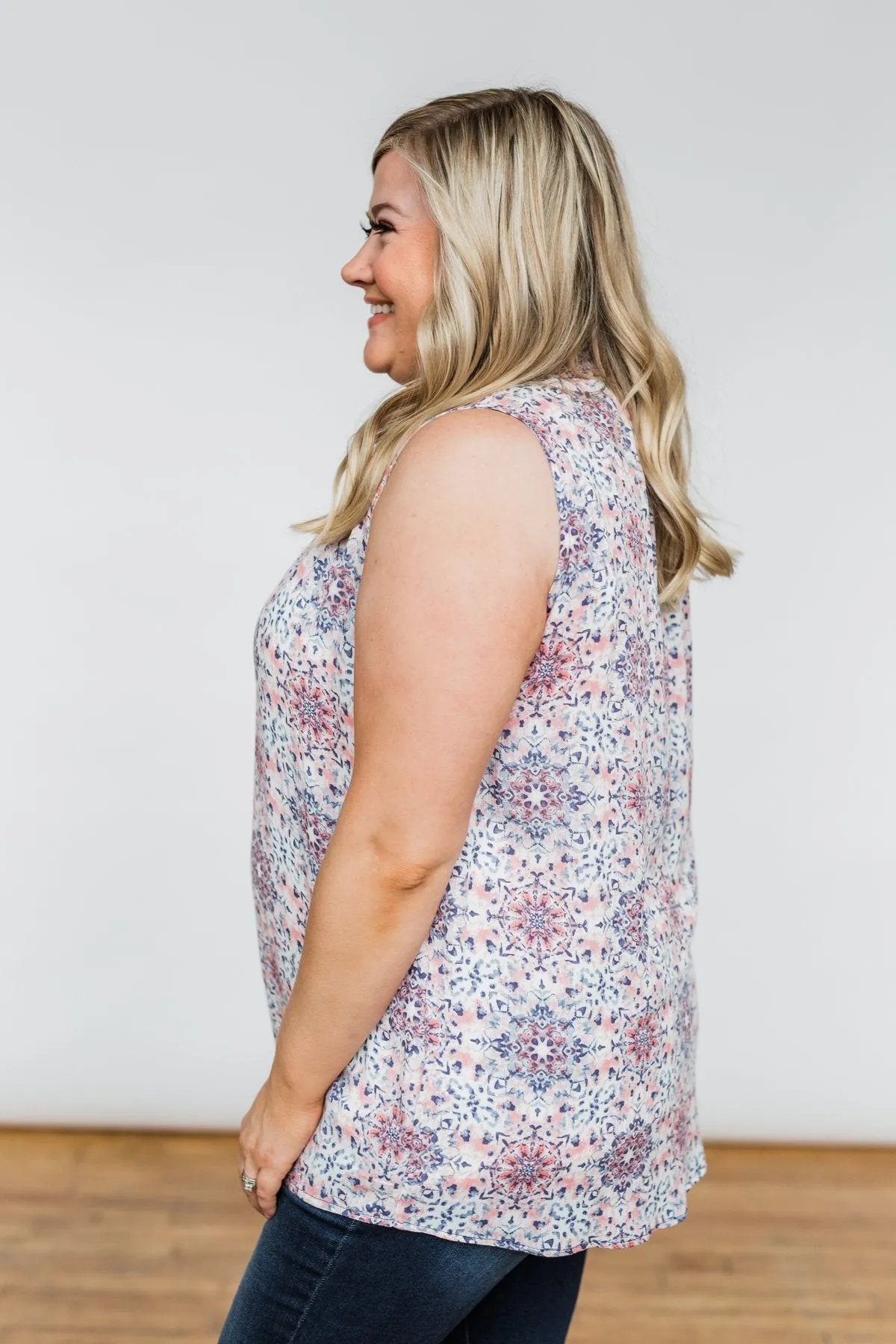 With A Smile Geo Print Tank Top- Mauve & Blue