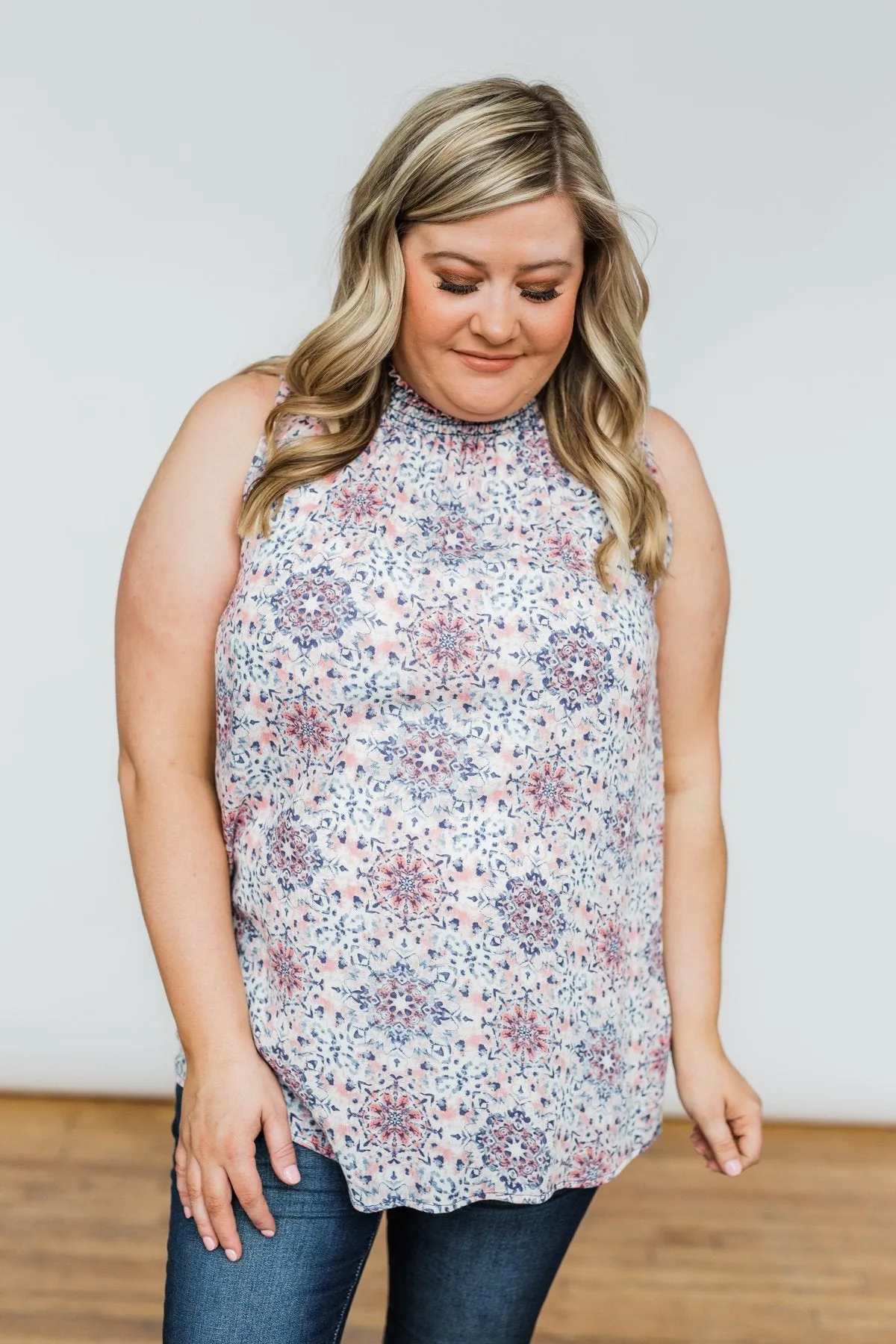 With A Smile Geo Print Tank Top- Mauve & Blue