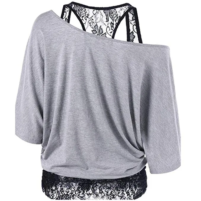 Women Sexy Fashion Lace Loose Long Sleeve Tank Tops Shirt Plus Size