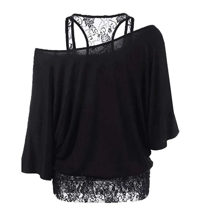 Women Sexy Fashion Lace Loose Long Sleeve Tank Tops Shirt Plus Size