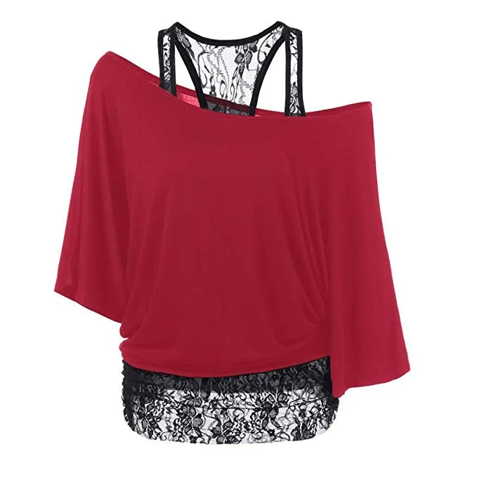 Women Sexy Fashion Lace Loose Long Sleeve Tank Tops Shirt Plus Size
