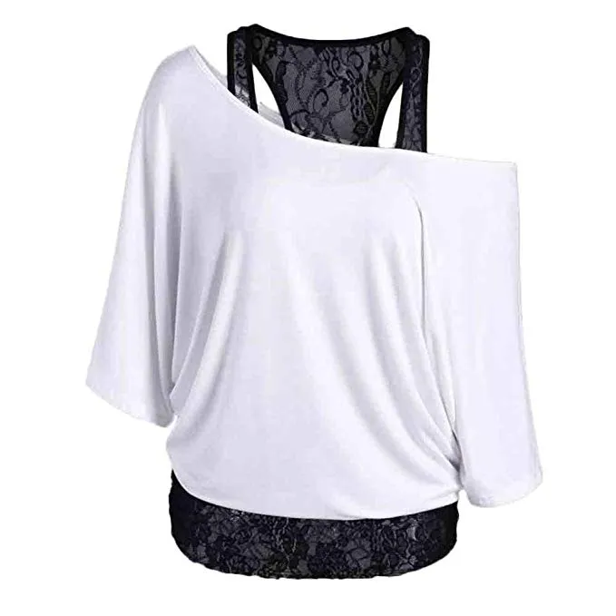 Women Sexy Fashion Lace Loose Long Sleeve Tank Tops Shirt Plus Size