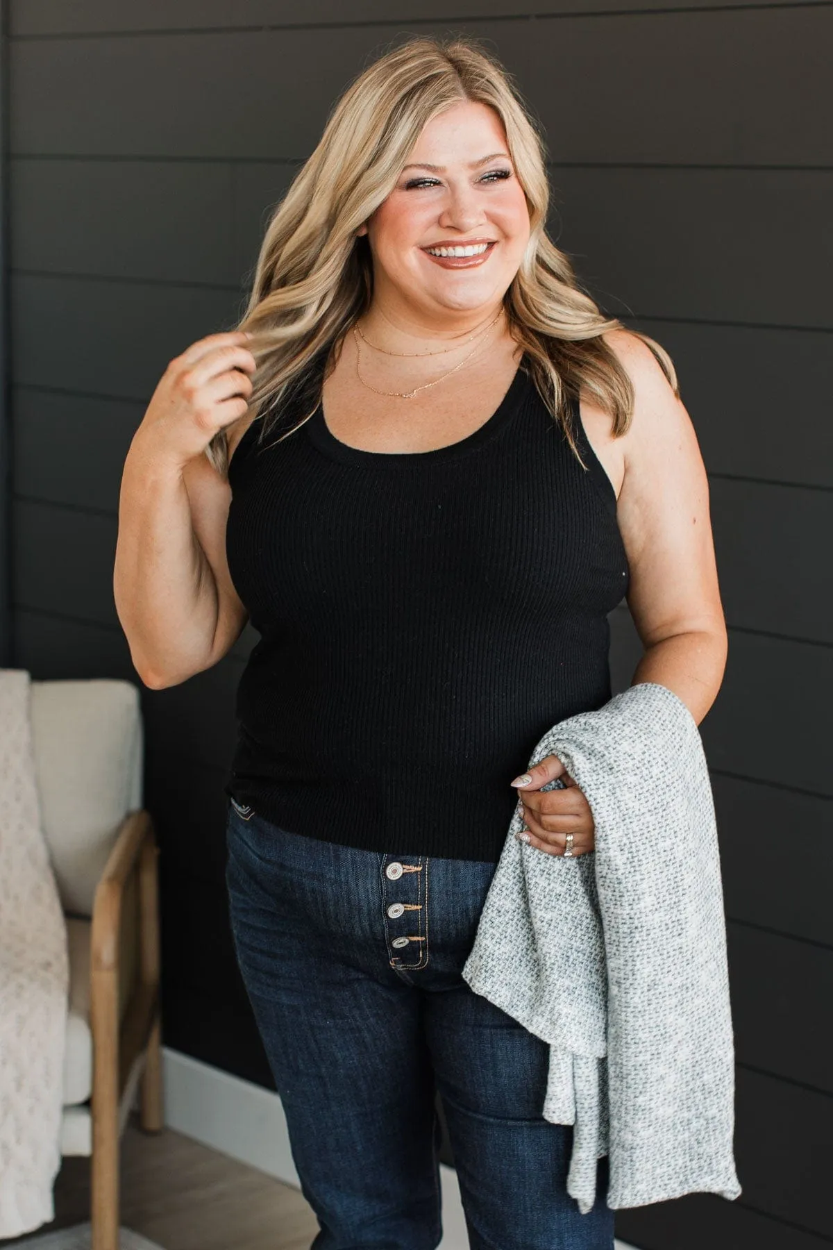 Worth A Shot Ribbed Knit Tank Top- Black
