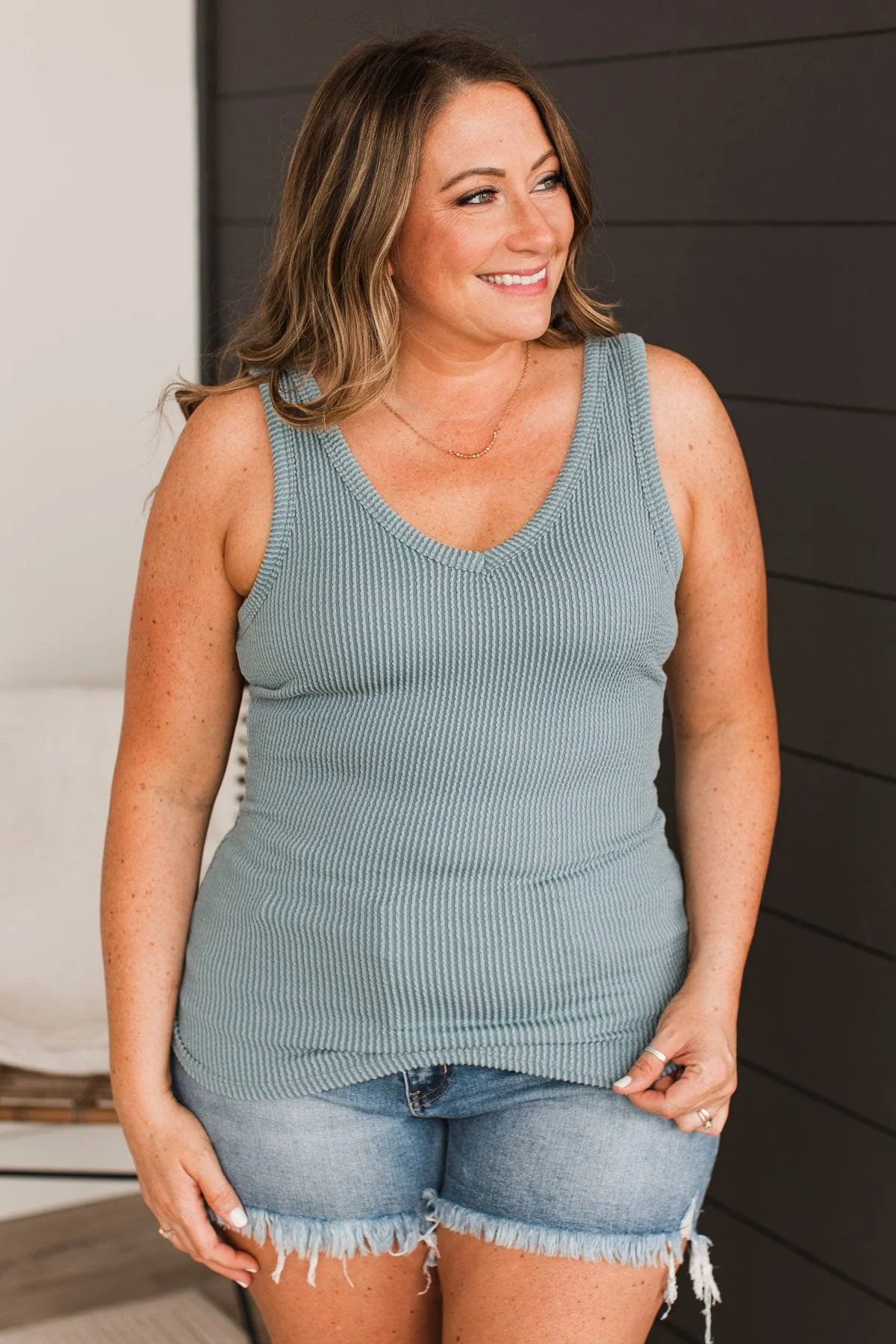 Yours Forever Ribbed Knit Tank Top- Dusty Teal