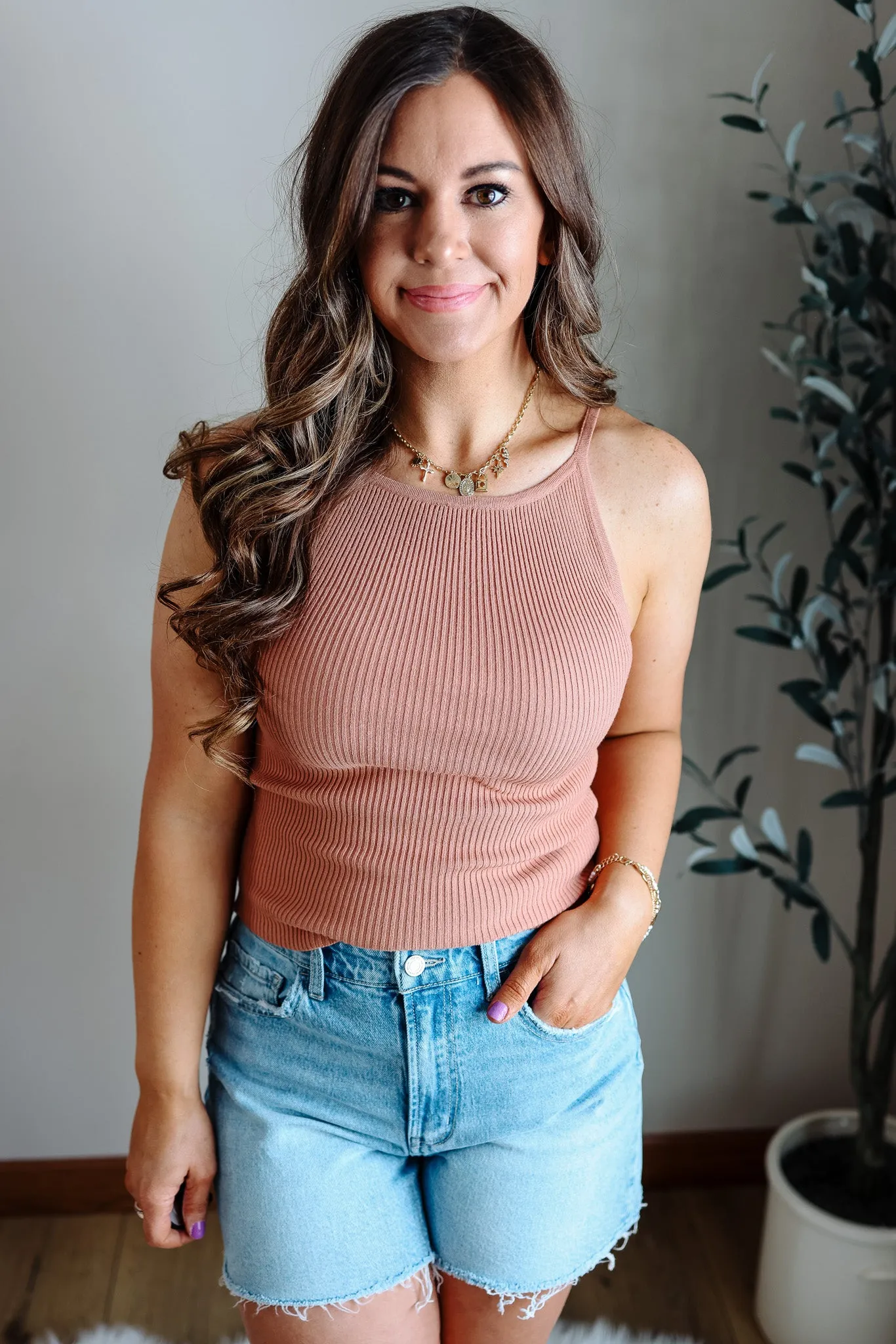 Zara Ribbed Knit Tank Top - Apricot