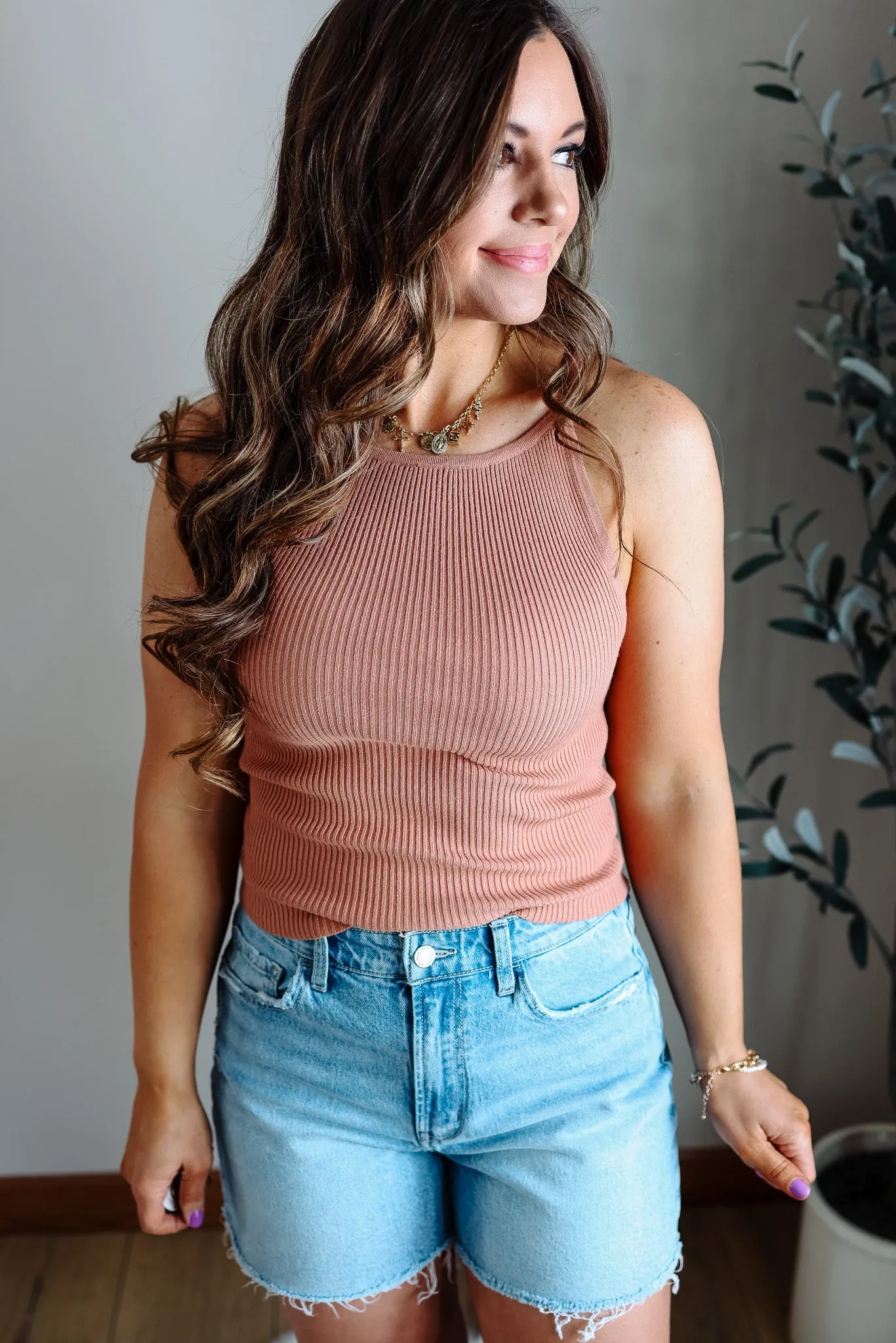 Zara Ribbed Knit Tank Top - Apricot