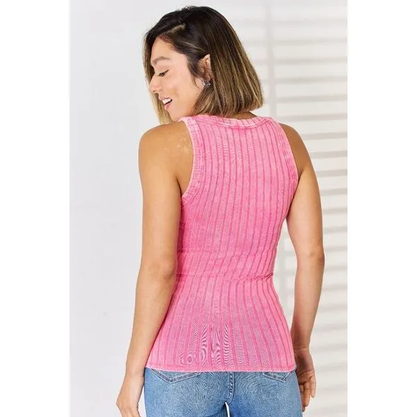 Zenana Ribbed Washed Round Neck Tank